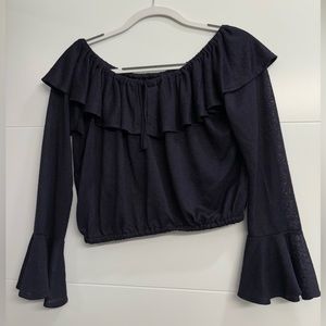 Off-the-shoulder navy top with bell sleeves